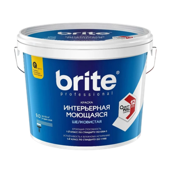 Краска BRITE PROFESSIONAL интерьерная моющаяся белая шелковистая база А, ведро 9 л