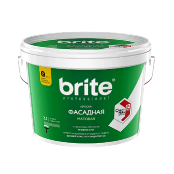 Краска BRITE PROFESSIONAL фасадная белая матовая база А, ведро 2,7 л