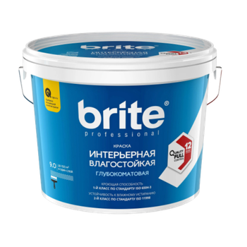 Краска BRITE PROFESSIONAL интерьерная влагостойкая белая глубокоматовая база А, ведро 9 л